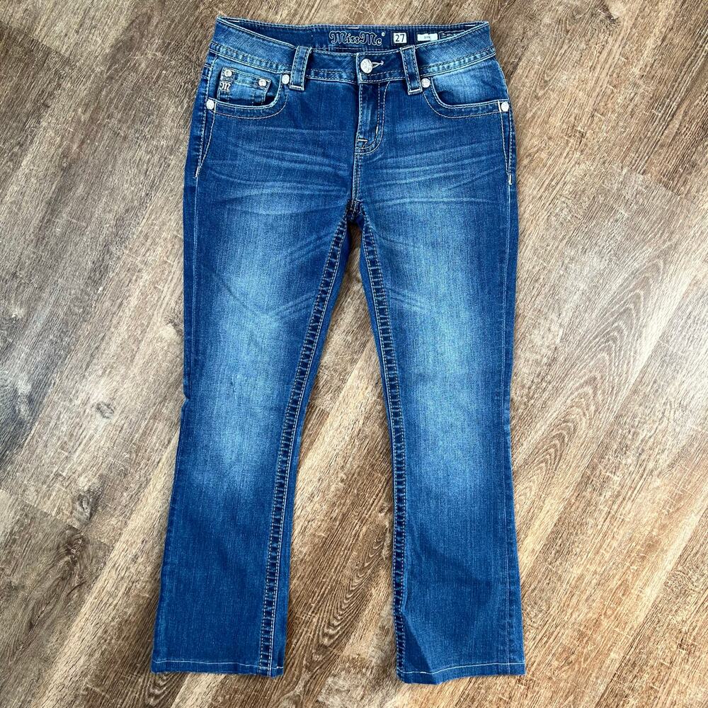 Miss Me Jeans Bootcut Medium Wash Jeweled Pockets Embroidered Gold Flowers - Picture 2 of 8